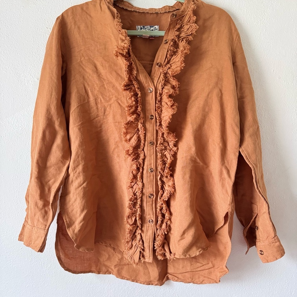 Anthropologie Pilcro Ruffled Placket Shirt in Ochre size Small - Picture 3 of 13